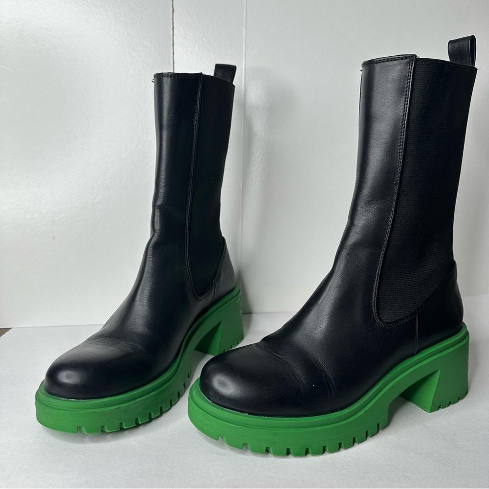 Steve Madden Black-Green Womens Hesitant Leather Stretch Mid-Calf Boots Size US6